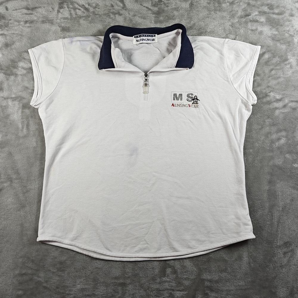 Vintage Munsingwear Polo Shirt Womens XS White Crop Top Quarter Zip Embroidered